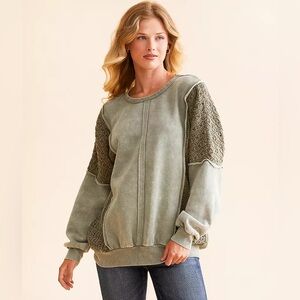 NWT BKE Dusty Olive Sweatshirt | Crochet Panel Sleeves | Size M | Cozy Casual